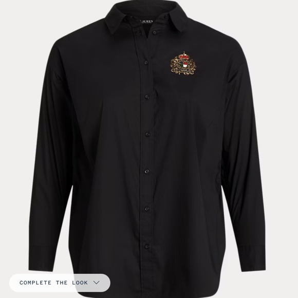 $250 RALPH LAUREN Black Beaded-Crest Stretch-Cotton Blend Shirt Medium Oversized - Picture 2 of 4